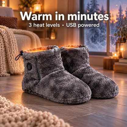 Heated plush slipper boots on a timber floor with a warm glow – warm in minutes, 3 heat levels