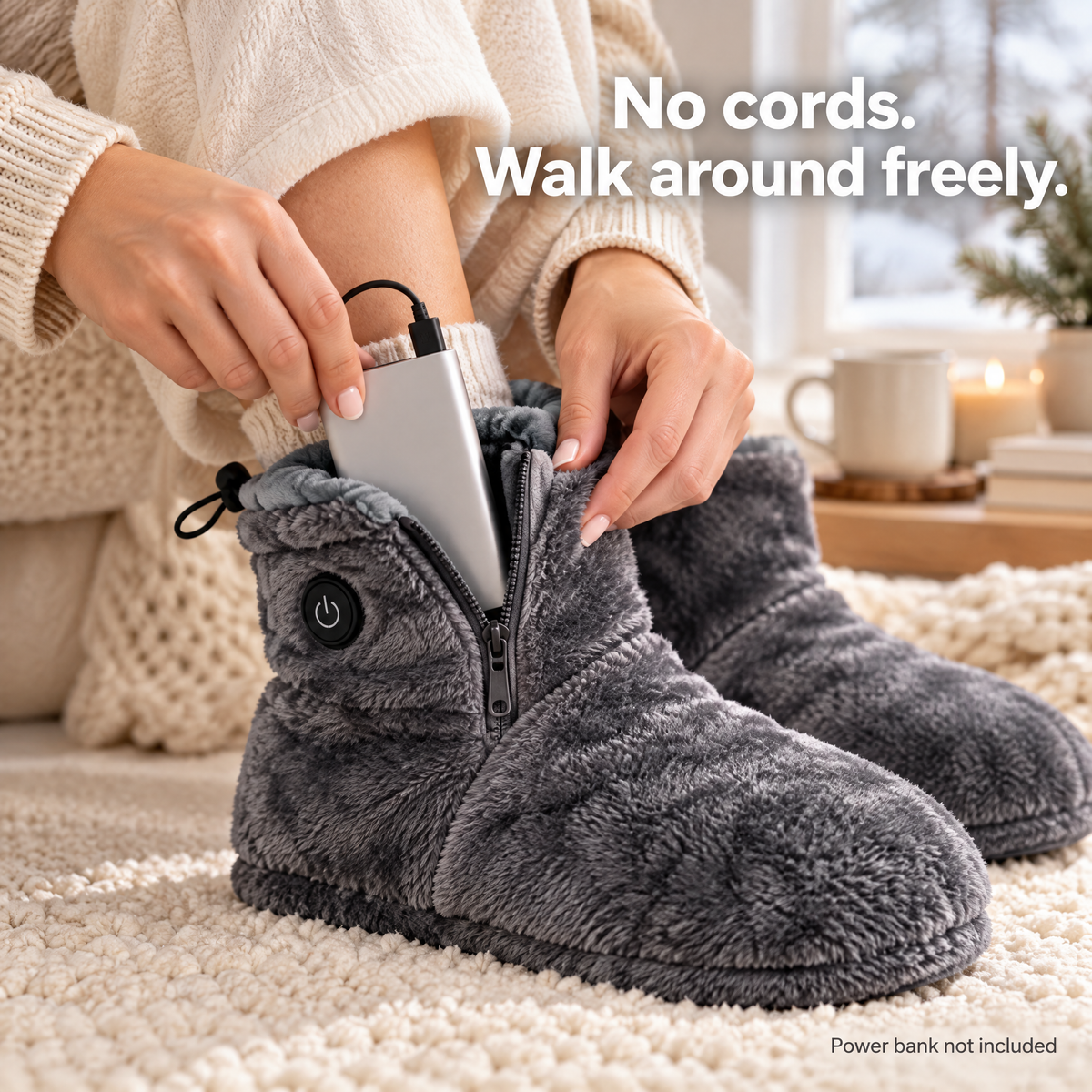 USB power bank going into the hidden zip pocket of the heated slipper boot – power bank not included