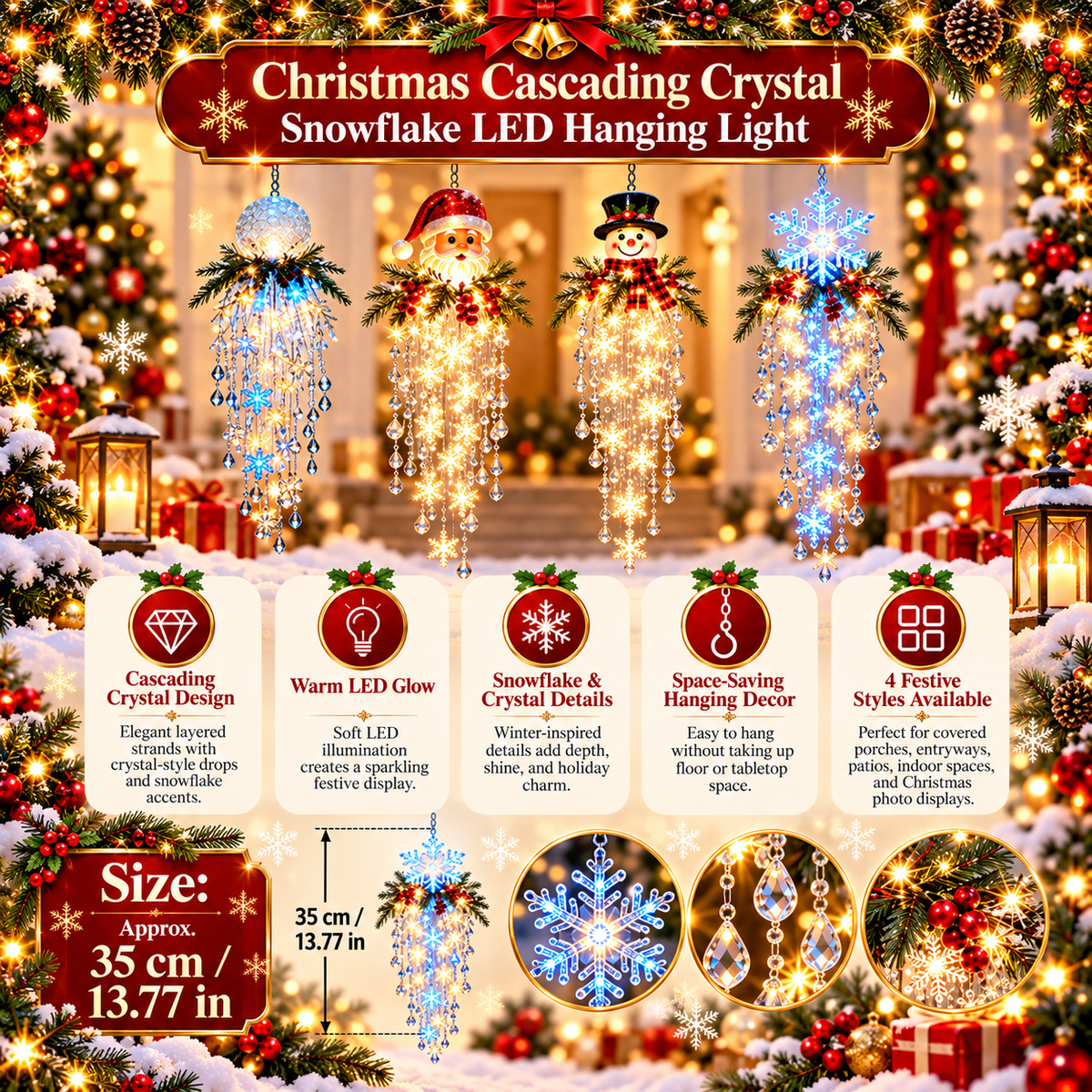 ❄️🎅Crystal Cascade Christmas Snowflake LED Hanging Light
