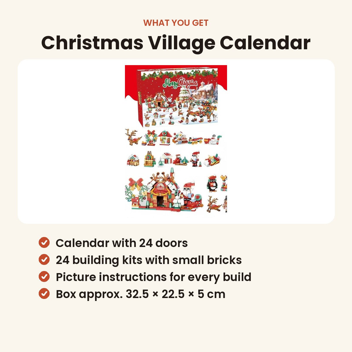 Advent calendar with 24 building kits that make a Christmas village