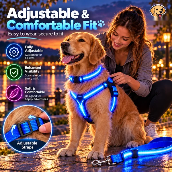 🐾 LED Light-Up Dog Harness & Leash Set – High-Visibility Gear for Night Walks 🌙