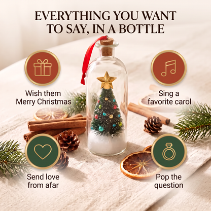 A glass bottle with a cork stopper and red ribbon, containing a miniature Christmas tree, surrounded by holiday props and overlaid icons and text explaining bottle message-pull features.