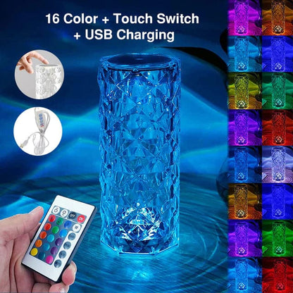 ✨ Crystal Glow Touch Table Lamp – Rechargeable Diamond-Cut Ambient Light | 3 & 16 Color Options