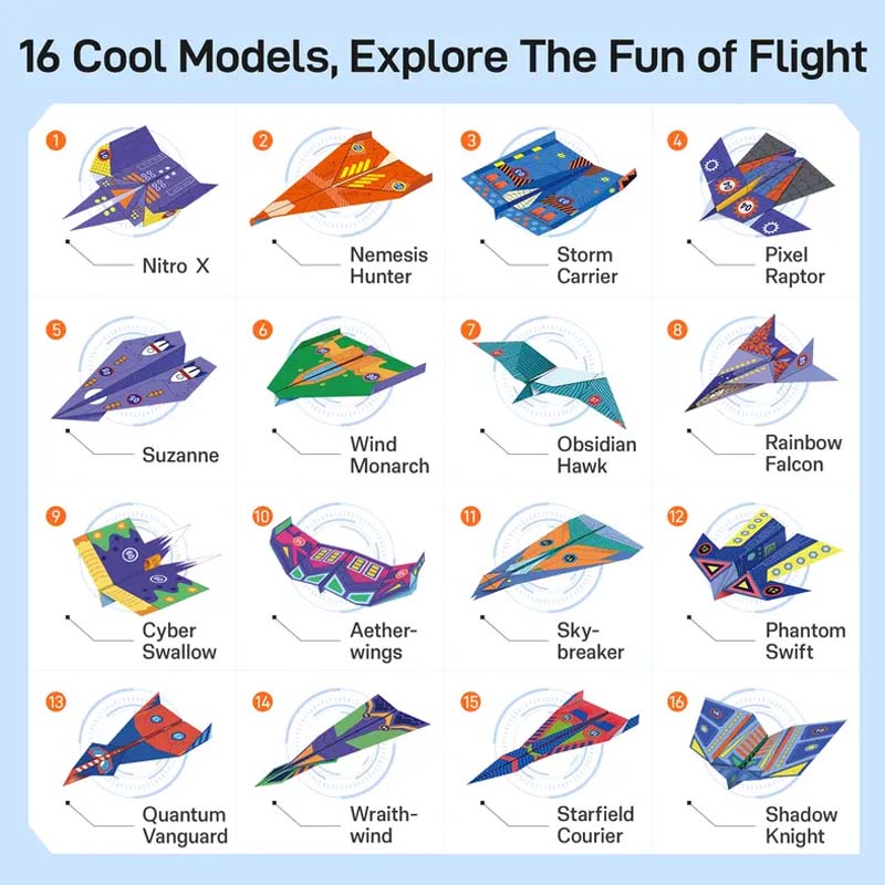 All 16 colorful paper airplane models featuring different wing shapes and patterns