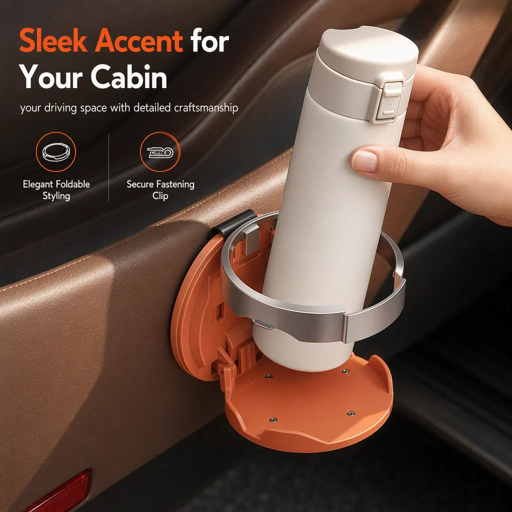 Foldable car door cup holder supporting a white travel bottle in a brown car interior