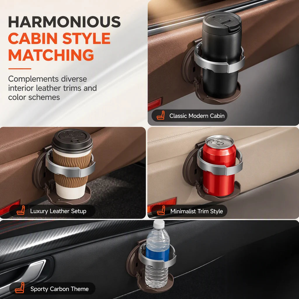 Car cup holder shown with coffee cups, tumblers, water bottles and different interior styles