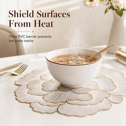 Nordic Style Metallic Peony Flower PVC Placemat Heat Resistant Non Slip Waterproof Dining Table Mat 38cm