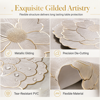 Nordic Style Metallic Peony Flower PVC Placemat Heat Resistant Non Slip Waterproof Dining Table Mat 38cm