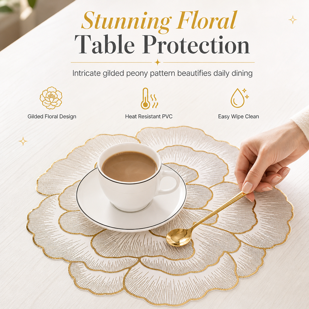 Nordic Style Metallic Peony Flower PVC Placemat Heat Resistant Non Slip Waterproof Dining Table Mat 38cm