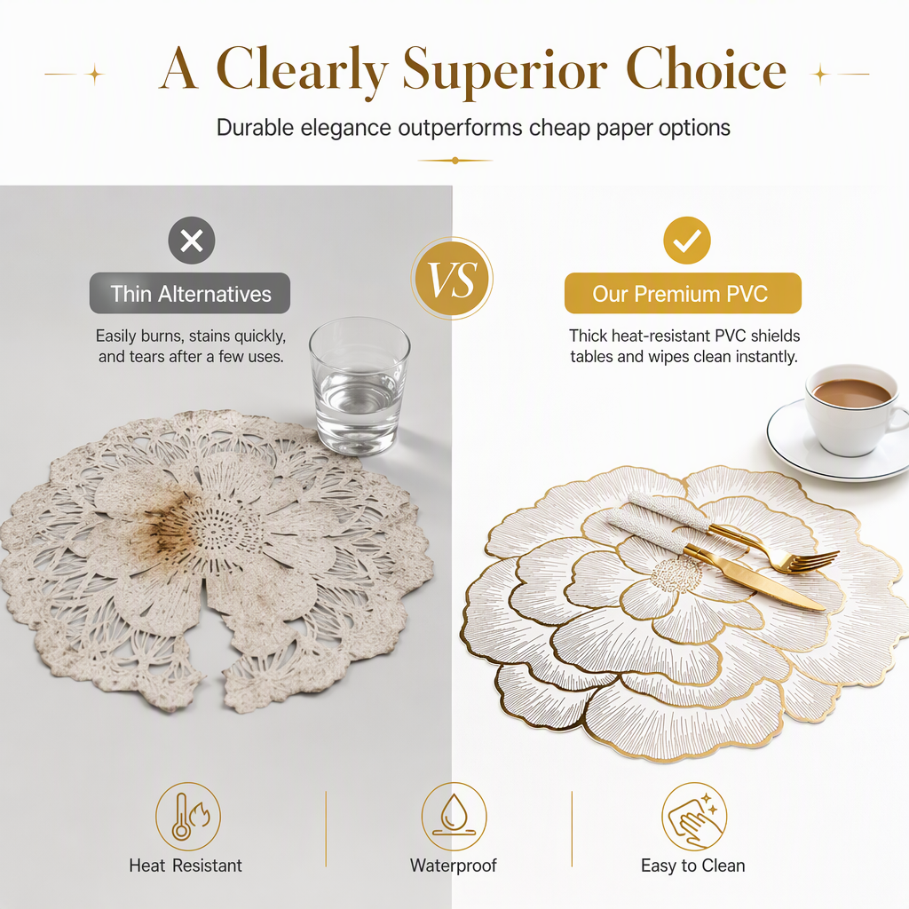 Nordic Style Metallic Peony Flower PVC Placemat Heat Resistant Non Slip Waterproof Dining Table Mat 38cm