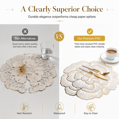 Nordic Style Metallic Peony Flower PVC Placemat Heat Resistant Non Slip Waterproof Dining Table Mat 38cm