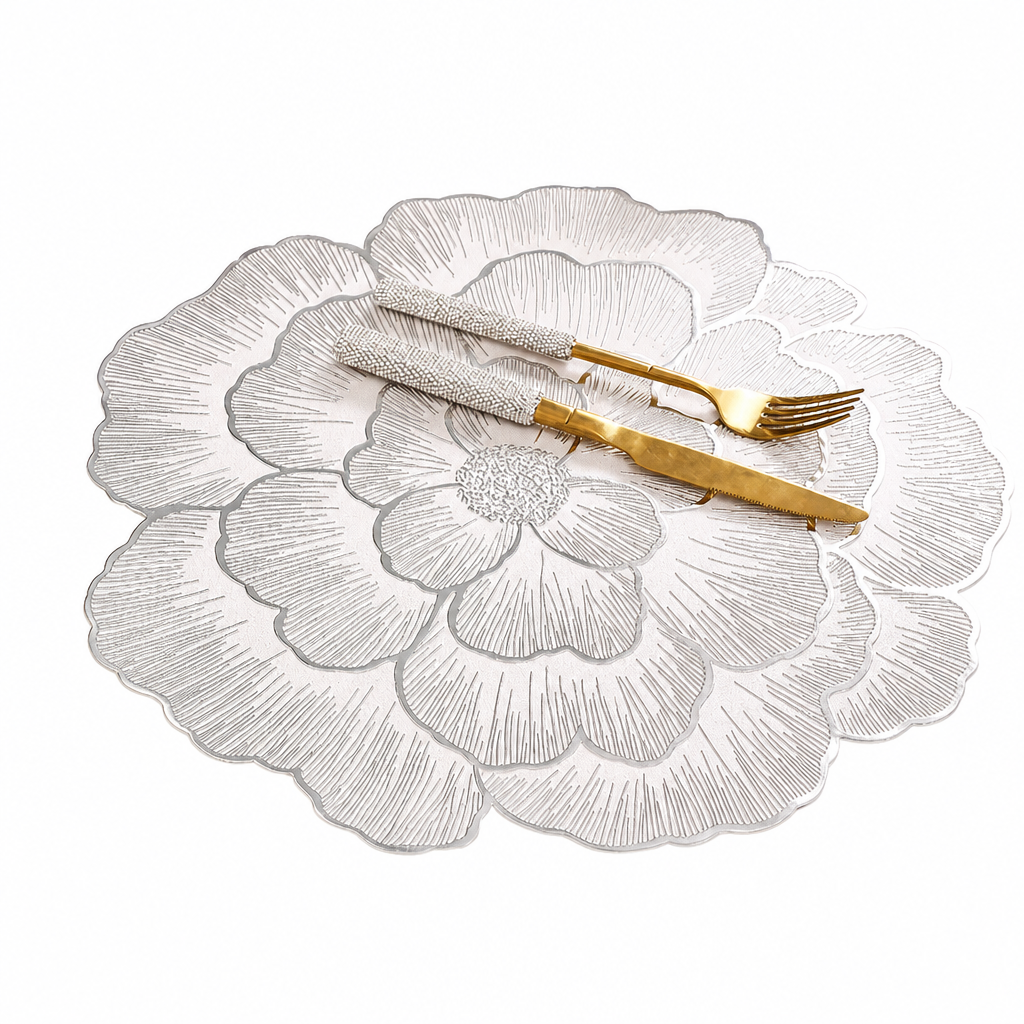 Nordic Style Metallic Peony Flower PVC Placemat Heat Resistant Non Slip Waterproof Dining Table Mat 38cm