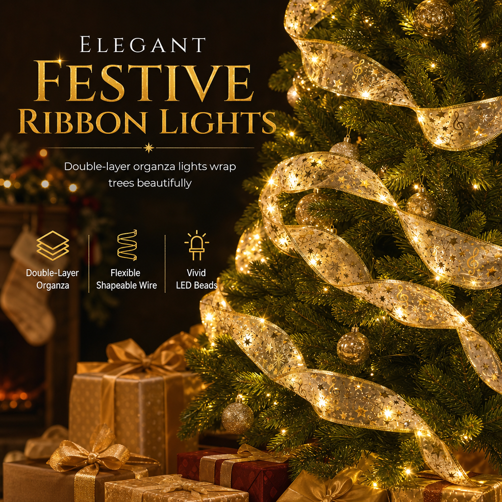 🎄✨ Christmas Tree Ribbon String Lights – Elegant Ribbon Glow for a Fuller, More Luxurious Tree