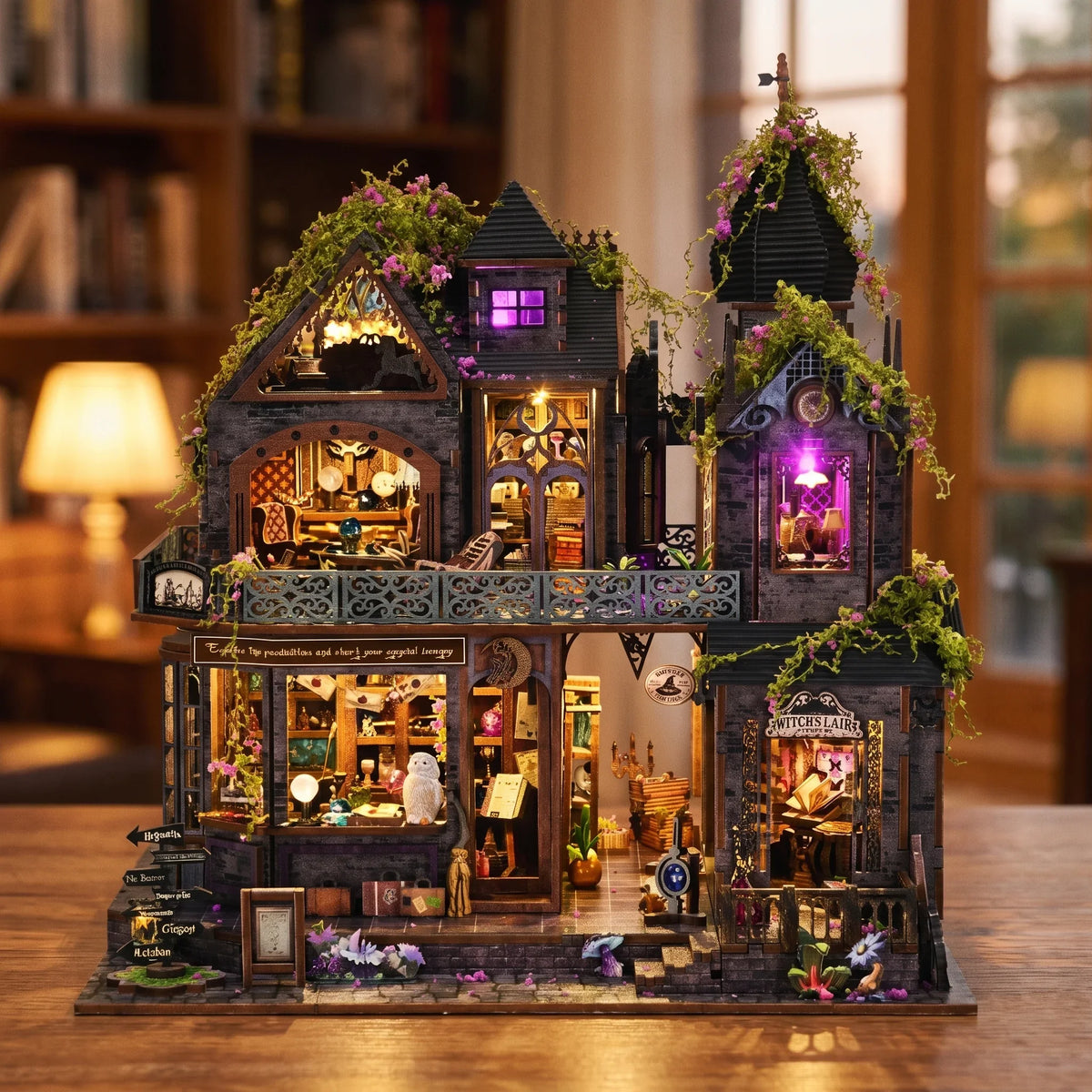 The Witch's Lair lit at dusk in a cozy living room, front view