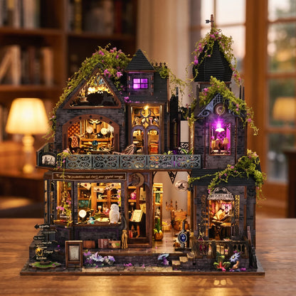 The Witch's Lair lit at dusk in a cozy living room, front view