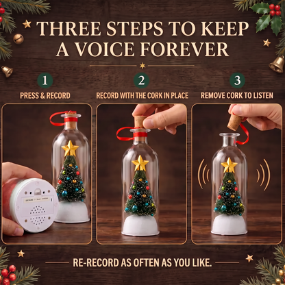 Instructional graphic showing three steps to keep a voice inside a glass bottle with a small Christmas tree decoration. The text reads 'THREE STEPS TO KEEP A VOICE FOREVER' with numbered panels: press and record, record with the cork in place, and remove cork to listen.